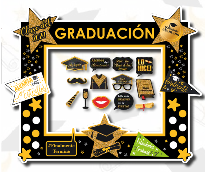 PHOTOBOOTH KRAFT 120X90 CM GRADUACION NEGRO/DORADO + PROPS