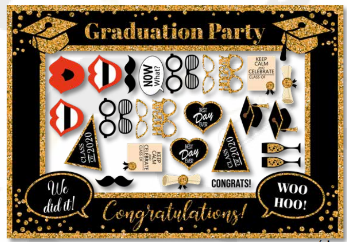 PHOTOBOOTH KRAFT 120X90 CM GRADUATION PARTY NEGRO/DORADO + PROPS