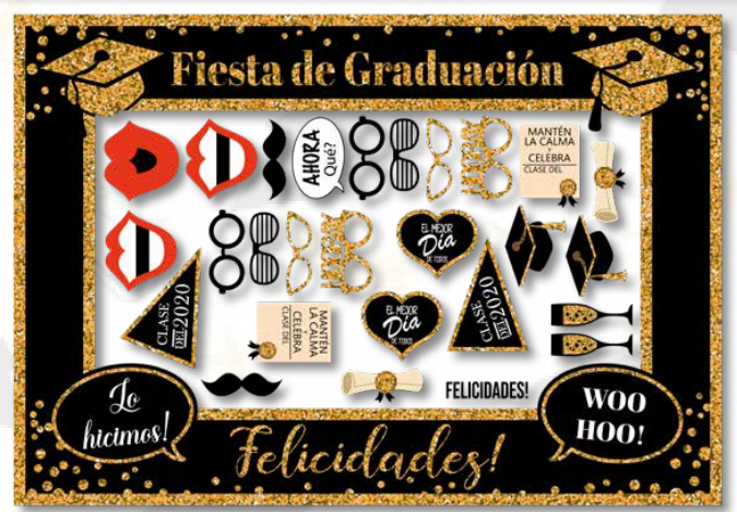 PHOTOBOOTH KRAFT 120X90 CM FIESTA DE GRADUACION NEGRO/DORADO + PROPS