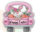 COLGANTE 60 CM PVC HAPPY EASTER - CONEJO CON ZANAHORIAS EN CAMIONETA ROSADA