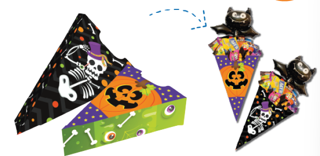 CAJA TRIANGULAR DE CARTULINA 27X18 CM - CALABAZA / CALAVERA X2 UNDS