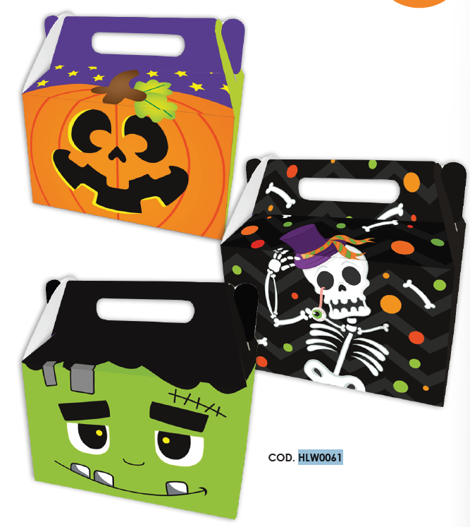 CAJA LONCHERA HALLOWEEN CALABAZA / CALAVERA / FRANKENSTEIN X 12UNDS.