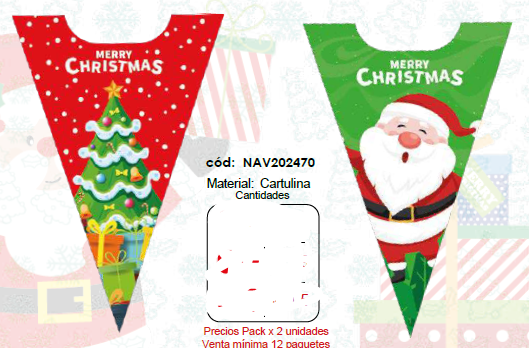 CAJA CARTULINA TRIANGULAR - MERRY CHRISTMAS PAPA NOEL / ARBOL DE NAVIDAD X2 UNDS