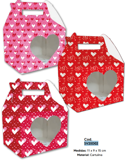 CAJA CARTULINA FELIZ CON VENTANA DE CORAZON - ROJO / ROSADO / FUCSIA - X6 UNDS