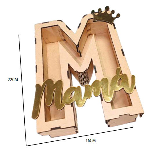 CAJA MDF LETRA M 22X16CM + APLIQUE EN DORADO/ MAMA Y CORONA