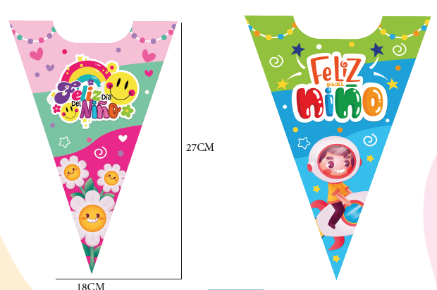 CAJA TRIANGULAR CARTULINA 18X27CM - NIÑO Y ASTRONAUTA/ FLORES Y ARCOIRIS