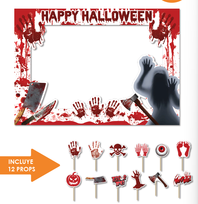 PHOTOBOOTH 120X90 CM KRAFT - MUJER Y UTENCILIOS CON SANGRE + 12 PROPS