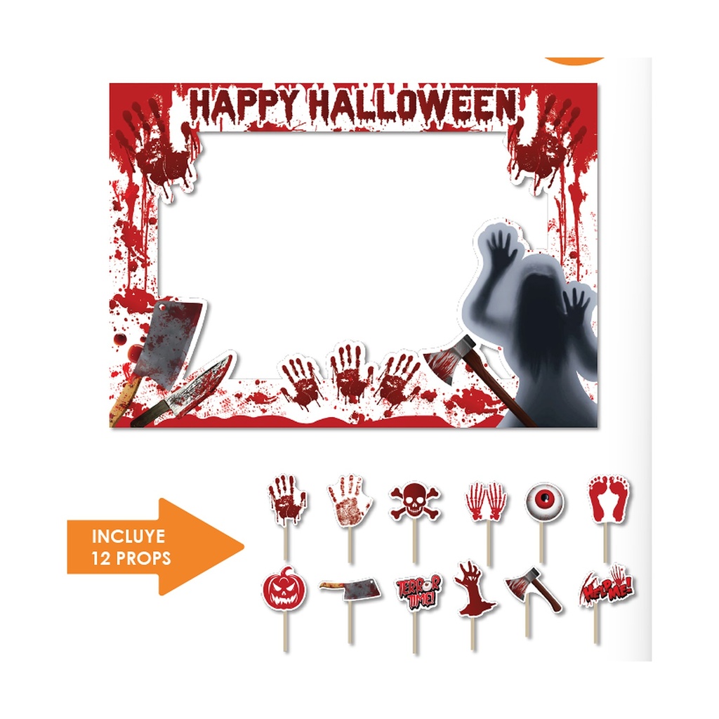 PHOTOBOOTH 120X90 CM KRAFT - MUJER Y UTENCILIOS CON SANGRE + 12 PROPS