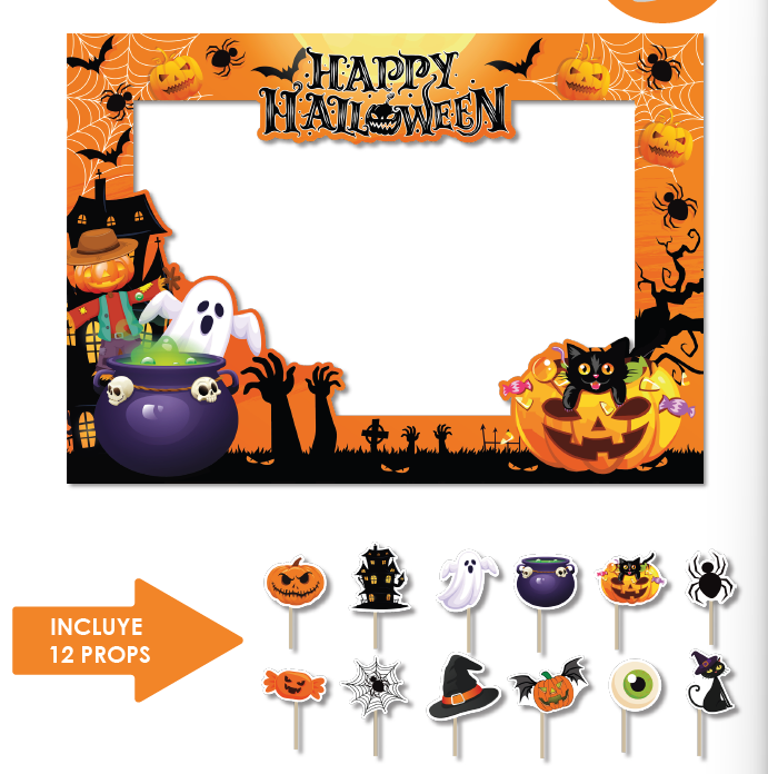 PHOTOBOOTH 120X90 CM KRAFT - CALDERO- FANTASMA Y CALABAZA + 12 PROPS