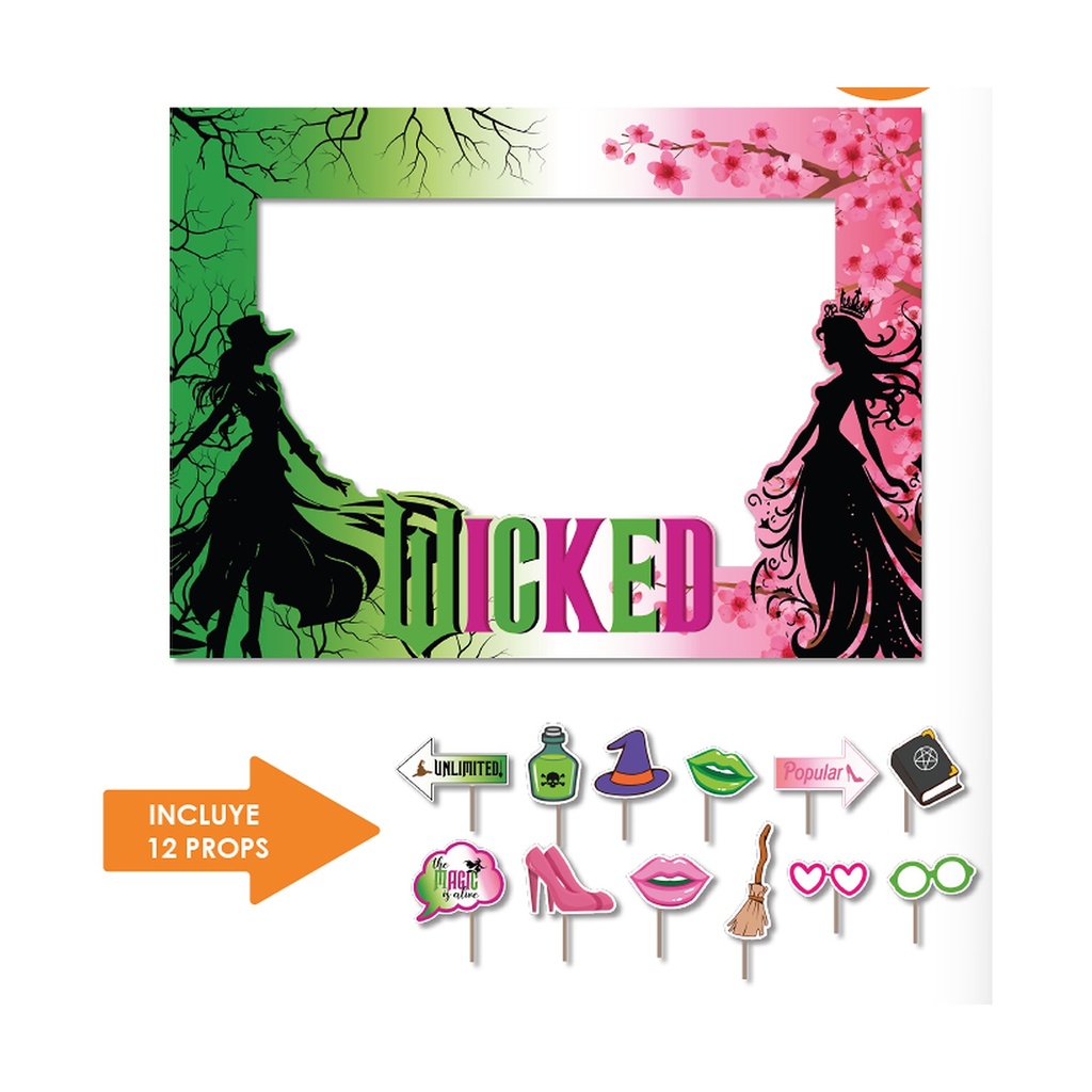 PHOTOBOOTH 120X90 CM KRAFT - SILUETA MUJER - WICKED + 12 PROPS