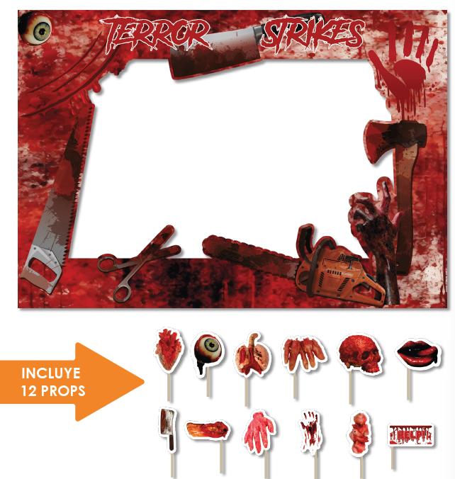 PHOTOBOOTH 120X86 CM KRAFT -TERROR STRIKES - SANGRIENTO + 12 PROPS
