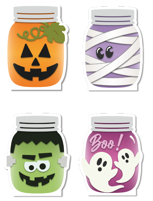 JUEGO X4 DE AFICHES 30 CM MDF - CALABAZA- MOMIA- FRANKENSTEIN- BOO