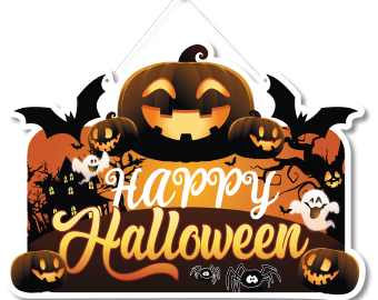 COLGANTES 39x28 CM MDF - HAPPY HALLOWEEN / CALABAZAS - FONDO NARANJA