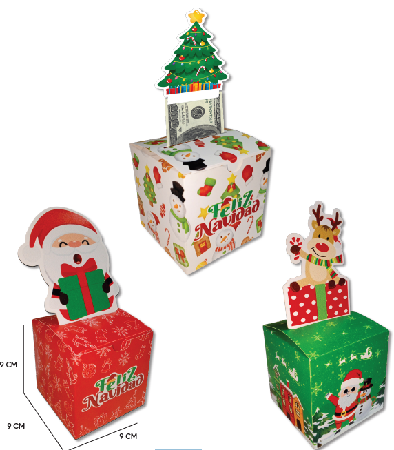 CAJA CARTULINA PARA BILLETE - PAPANOEL, ARBOL Y RENO X3 UNDS