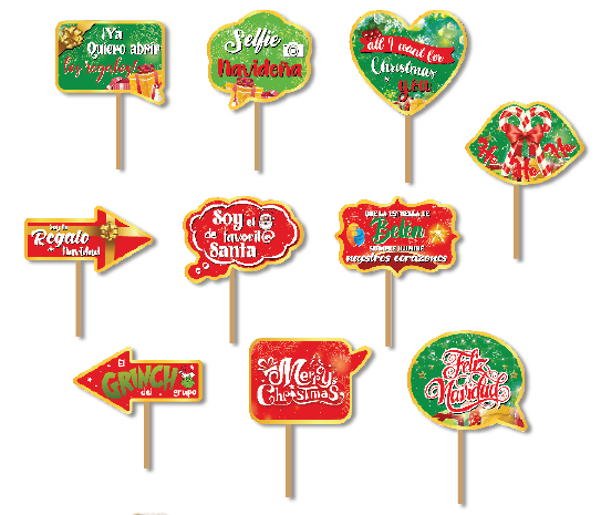 PROPS MULTIFORMAS CON FRASES NAVIDEÑAS X10 PZAS.
