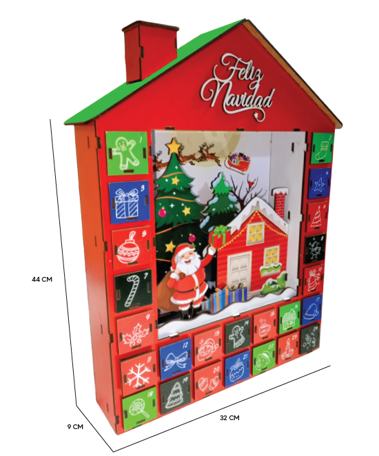 CAJA DE ADVIENTO MDF (3MM) 44X32X9CM - FELIZ NAVIDAD / ESCENARIO NAVIDEÑO 3D