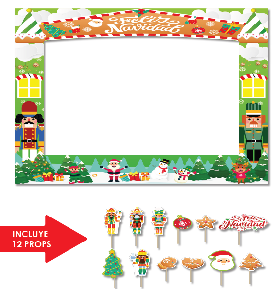 PHOTOBOOTH KRAFT 120X90 CM - FELIZ NAVIDAD CASCANUECES FONDO VERDE + 12 PROPS