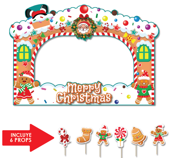 PHOTOBOOTH KRAFT 120X90 CM - MERRY CHRISTMAS / CASA DE GALLETAS + 12 PROPS