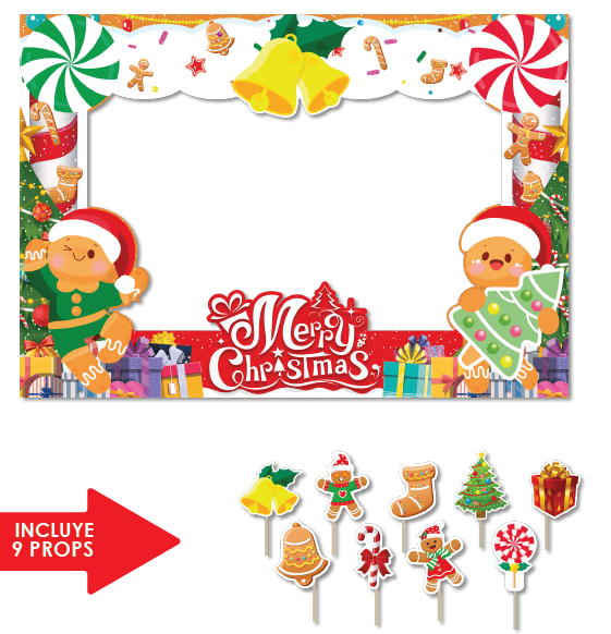 PHOTOBOOTH KRAFT 120X90 CM - CAMPANAS Y GALLETAS DE JENGIBRE / MERRY CHRISTMAS + 12 PROPS