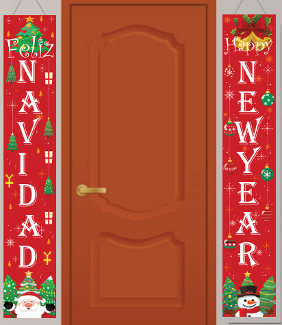 LONA DECORATIVA 150X26 CM - FELIZ NAVIDAD / CAMPANAS/PAPANOEL Y NIEVE FONDO ROJO X2 PZAS