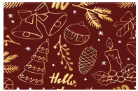 PAPEL DE REGALO NAVIDEÑO COUCHE 50X70 - FONDO VINO CON DISEÑOS Y LETRAS EN DORADOS