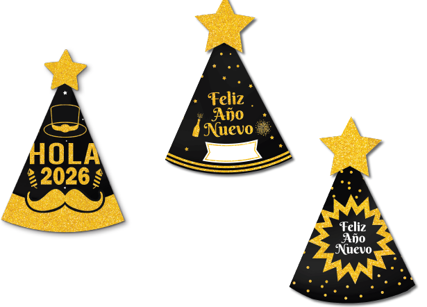 GORROS DECORATIVOS CARTULINA - HOLA 2026/ FILIZ AÑO NUEVO X12 UNDS