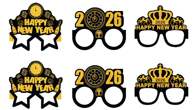 GAFAS DECORATIVAS DE CARTULINA - HAPPY NEW YEAR 2026 X 6 UNDS / DORADO