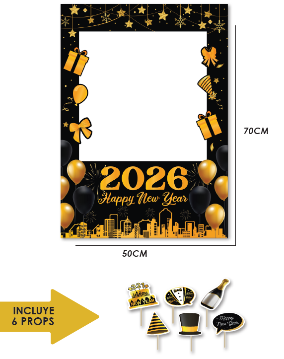 PHOTOBOOTH DE CARTULINA 50X70 CM - 2026 HAPPY NEW YEAR + PROPS