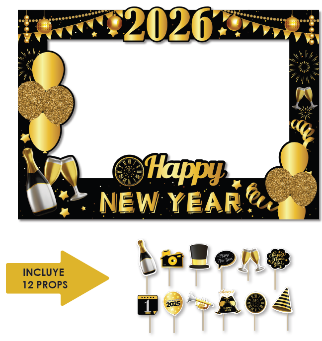 PHOTOBOOTH KRAFT 120X90 CM - GUIRNALDAS 2026 HAPPY NEW YEAR + 12 PROPS