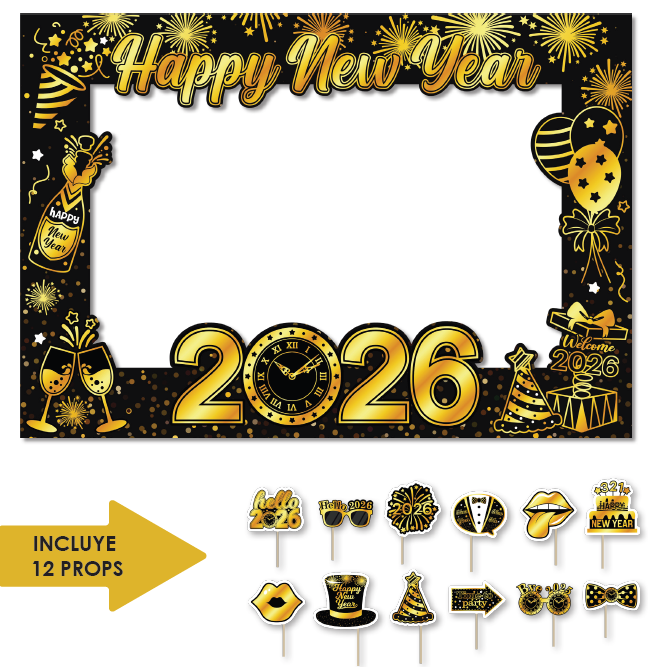 PHOTOBOOTH KRAFT 120X90 CM - HAPPY NEW YEAR COPAS Y GLOBOS + 12 PROPS