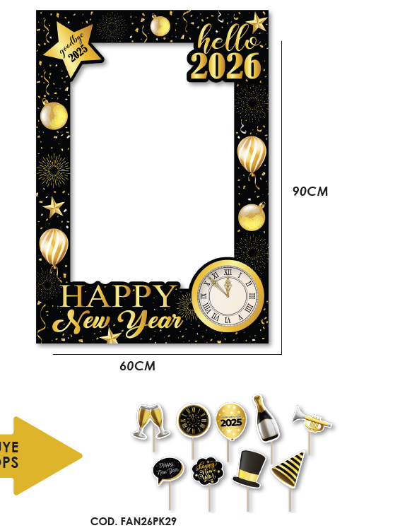 PHOTOBOOTH KRAFT VERTICAL 60X90 CM - HAPPY NEW YEAR / RELOJ + 12 PROPS