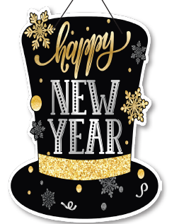 COLGANTE PVC AMBAS CARAS 40X60 CM - SOMBRERO NEGRO COPOS DORADOS / NEW YEAR