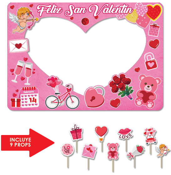 PHOTOBOOTH KRAFT 120X90 CM - CUPIDO / CORAZONES + 12 PROPS