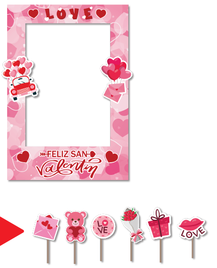 PHOTOBOOTH VERTICAL KRAFT PEQUEÑO - LOVE / FELIZ SAN VALENTIN + 6 PROPS