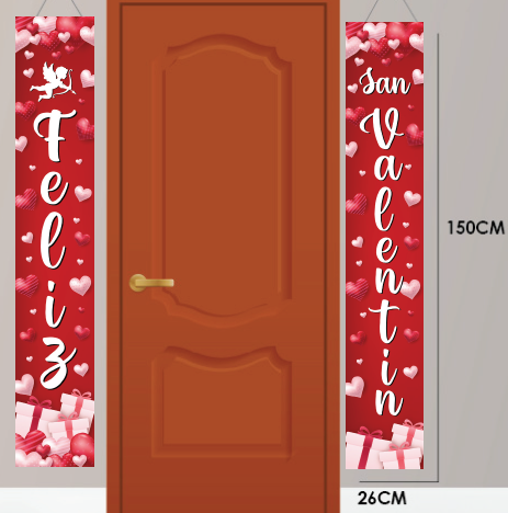 LONA DECORATIVA 150X26 CM - CUPIDO / REGALOS - FELIZ SAN VALENTIN X2 PZAS
