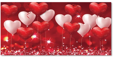 LONA DECORATIVA 100X50 CM - FONDO ROJO DESTELLOS GLOBOS CORAZONES