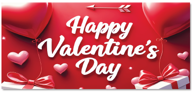 LONA DECORATIVA 100X50 CM - FLECHA REGALOS Y GLOBOS CORAZON / HAPPY VALENTINES DAY