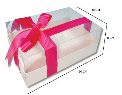 CAJA CARTULINA Y TAPA DE ACETATO - BLANCA + CINTA X1 UND