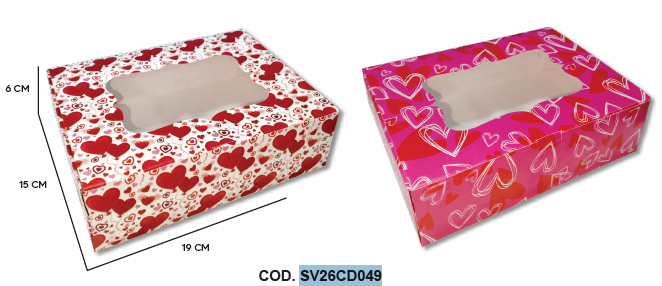CAJA DETALLE CARTULINA CON ACETATO - CORAZONES ROJOS / CORAZONES FUCSIA X2 PZAS