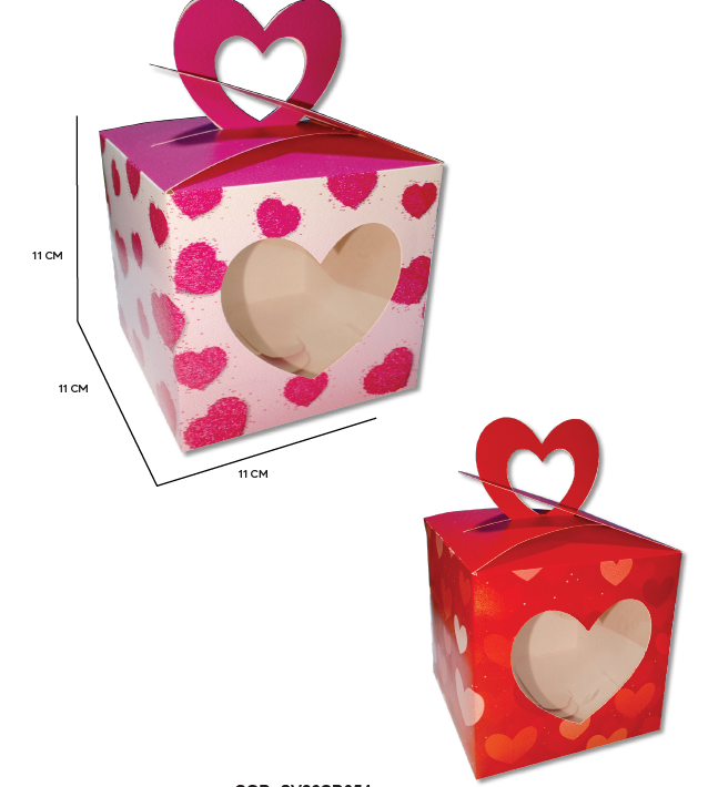 CAJA PARA DULCES CARTULINA 11X11X11CM - FUCSIA/ ROJO CON AGARRADERA DE CORAZON X10 UNDS