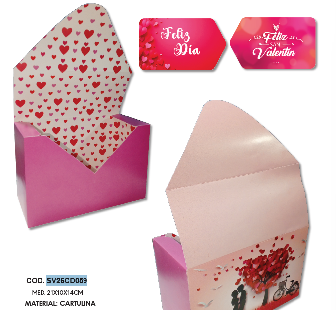 CAJA CARTULINA SOBRE 24X14X10 CM - FUCSIA / FONDO CORAZONES X1 UNDS
