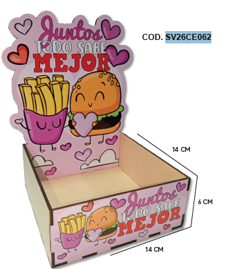 CAJA ESCENARIO MDF 14X14X6 CM- PAPITAS Y HAMBURGUESA