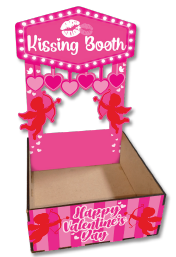 CAJA ESCENARIO CON ABERTURA MDF 14X14X6 CM- GUIRNALDA CORAZON STAND ROSA / KISSING BOOTH