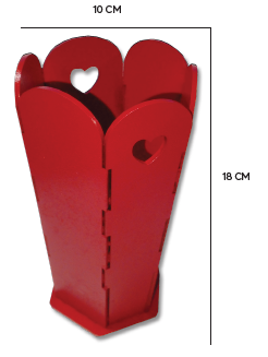 FLORERO HEXAGONAL MDF 10X18CM - PINT.ROJO CORAZONES