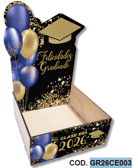 CAJAS ESCENARIO MDF 14X14X6 CM - GLOBO AZUL FELICIDADES GRADUADO / CLASE DEL 2026