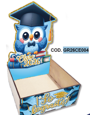 CAJAS ESCENARIO MDF 14X14X6 CM - BUHO CLASE 2026 / LO LOGRASTE