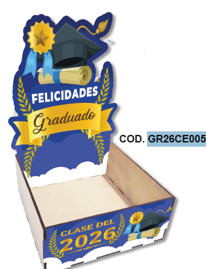 CAJAS ESCENARIO MDF 14X14X6 CM - ESPIGAS FELICIDADES GRADUADO / CLASE DEL 2026