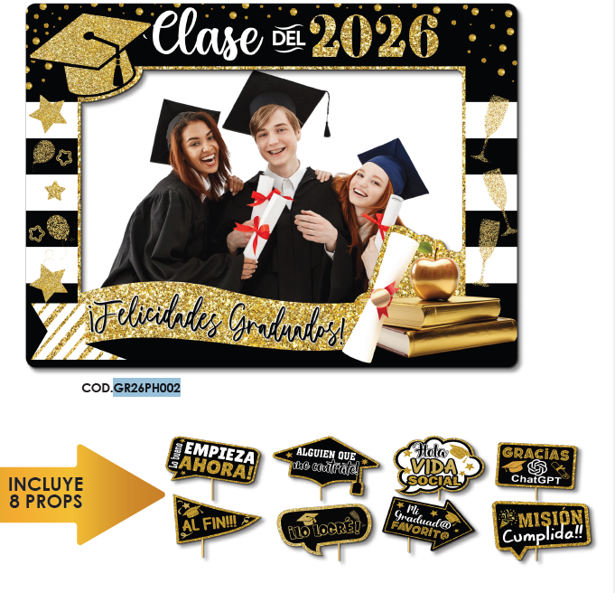 PHOTOBOOTH KRAFT 120X90 CM CLASE DEL 2026 NEGRO / DORADO + PROPS X8 UNDS