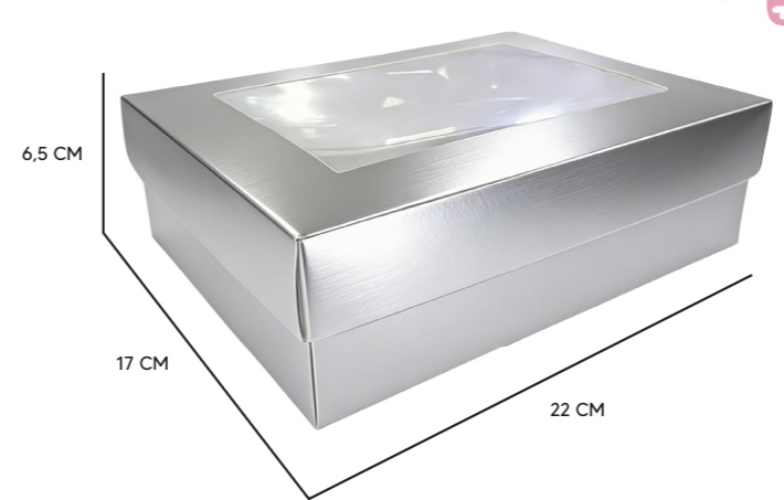 CAJA CARTULINA RECTANGULAR - PLATEADA CON TAPA 22X17X6.5 CM + ACETATO X2UNDS