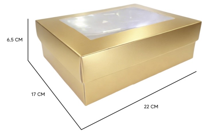 CAJA CARTULINA RECTANGULAR - DORADO CON TAPA 22X17X6.5 CM + ACETATO X2UNDS